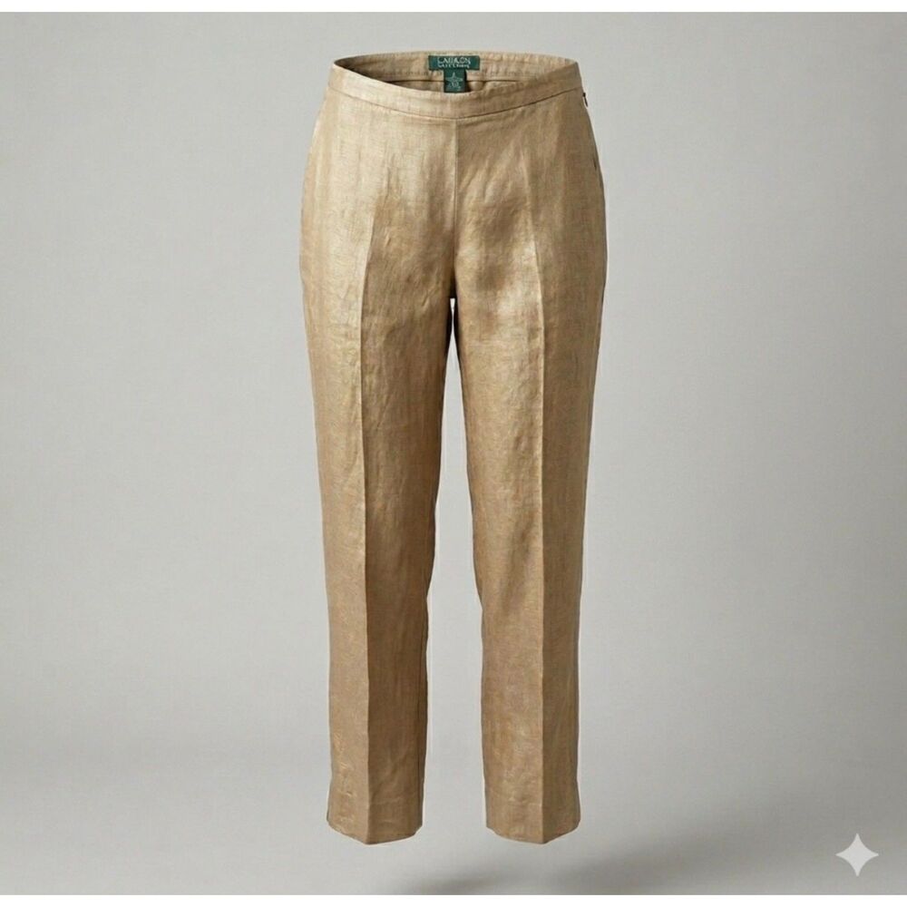 Vtg Lauren Ralph Lauren Metallic Linen Cigarette Pants Side Zip Flat Front 4 6